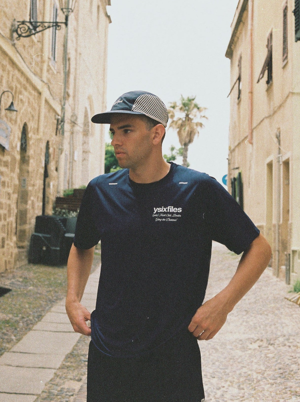 ysixfiles navy performance running t-shirt worn by Hayden Burton for ysixfiles